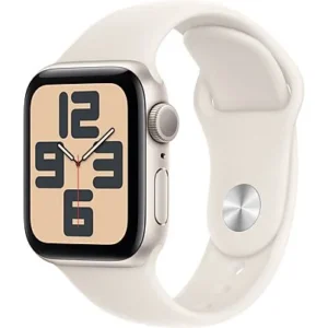 Apple Watch SE (2024), GPS, 40 mm, Caja de aluminio Blanco estrella, Vidrio delantero Ion-X, Correa deportiva Blanco estrella, Talla SM